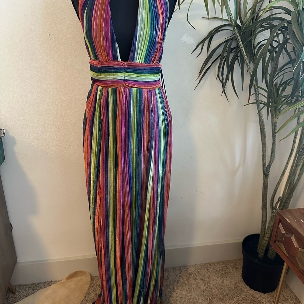 Pink and Green Plunge Neck Sleeveless Maxi Gown